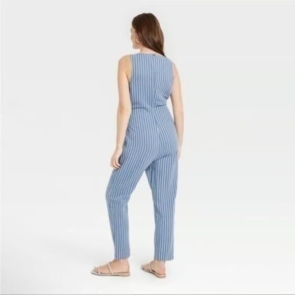 NEW The Nines by HATCH Sleeveless Tie Maternity Jumpsuit Navy Blue Striped XS - Picture 2 of 7
